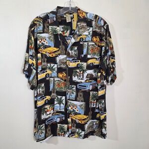 Islander Mens Shirt Muscle Car Tropical Guitar Rayon Button Down Aloha Size M